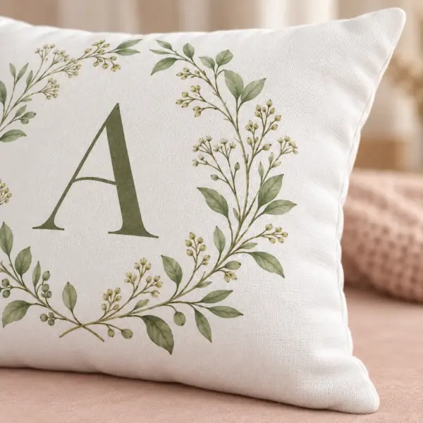 Sage Botanical Initial Personalized Pillow — detail illustrative mockup