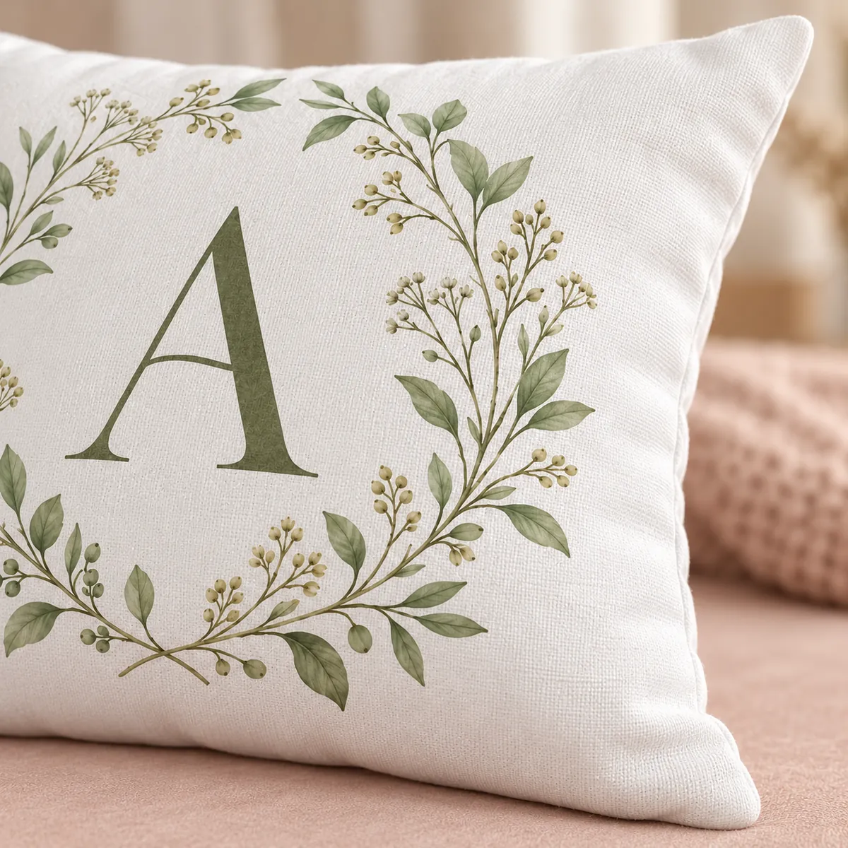 Sage Botanical Initial Personalized Pillow — detail illustrative mockup