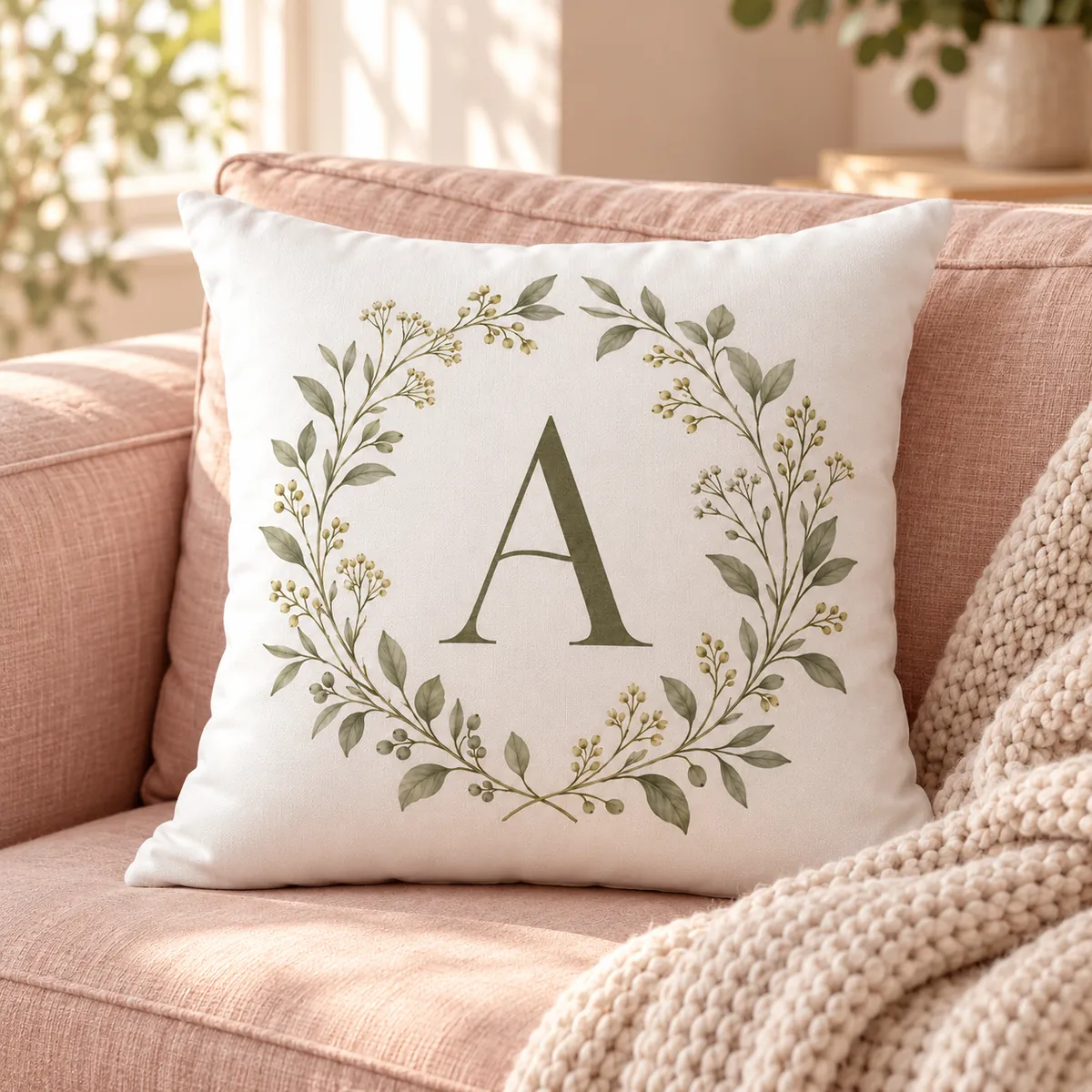 Sage Botanical Initial Personalized Pillow — lifestyle illustrative mockup
