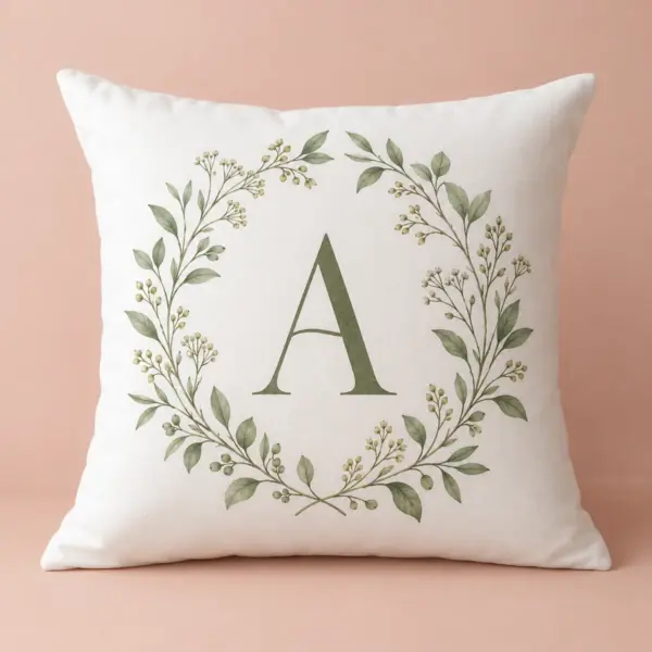 Sage Botanical Initial Personalized Pillow — main illustrative mockup