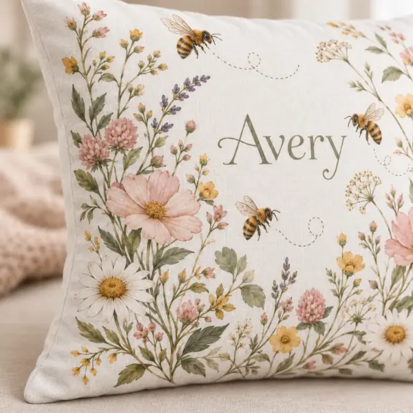 Honeybee Garden Letter Personalized Pillow — detail illustrative mockup