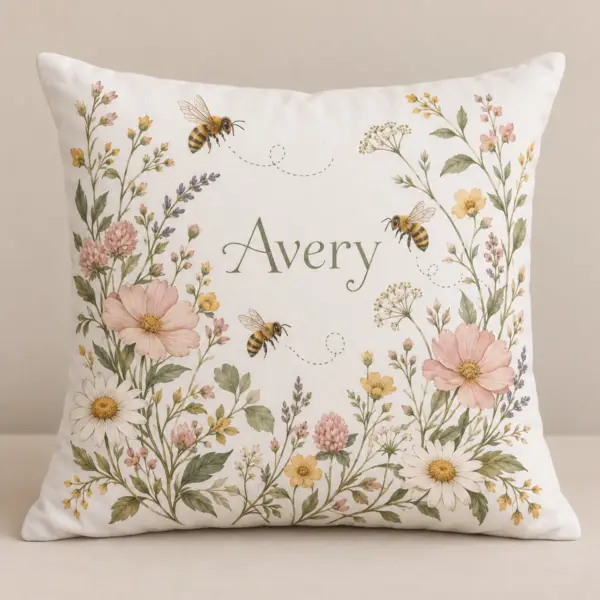 Honeybee Garden Letter Personalized Pillow — main illustrative mockup