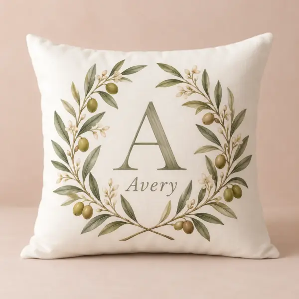 Olive Branch Monogram Personalized Pillow — main illustrative mockup