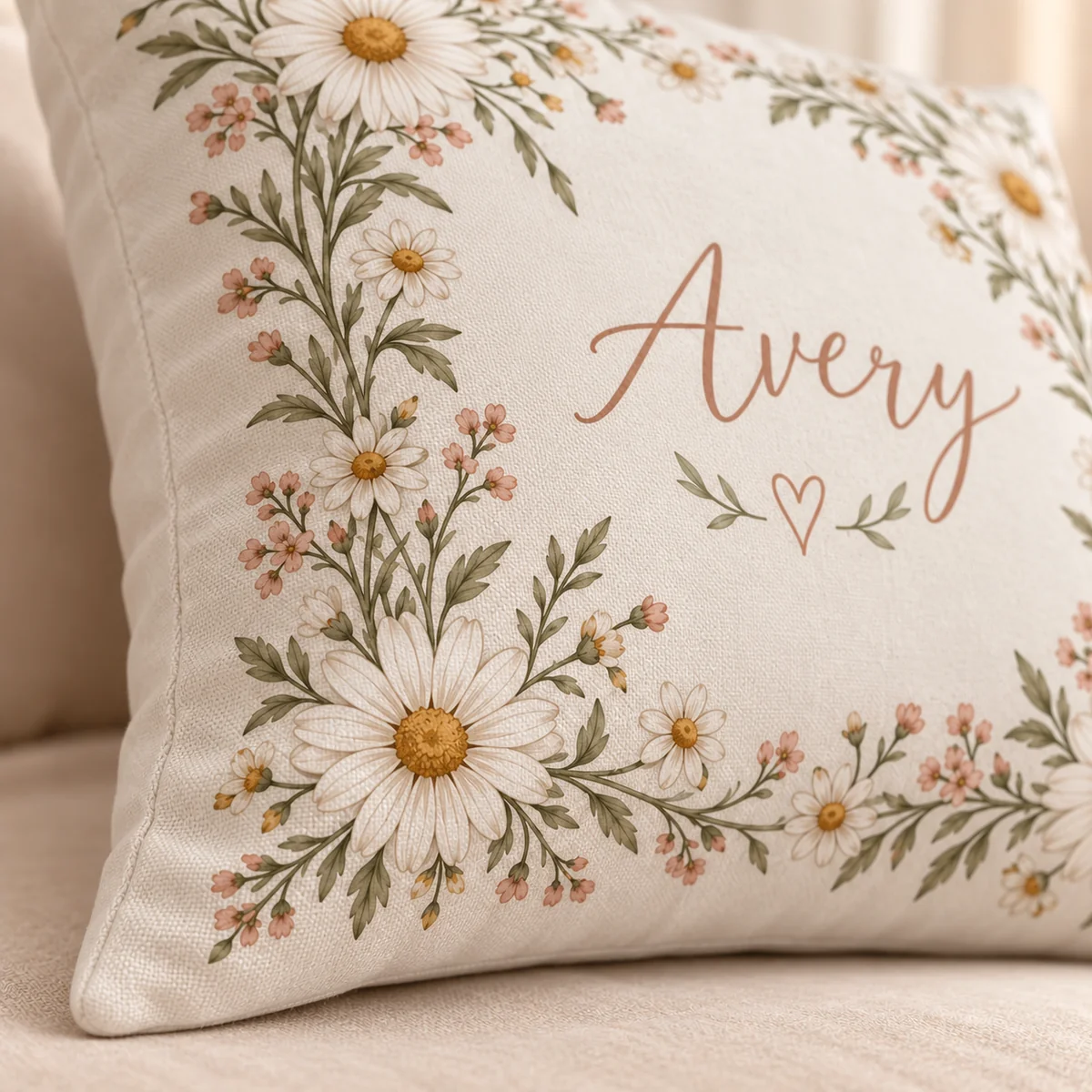 Cottage Daisy Frame Personalized Pillow — detail illustrative mockup