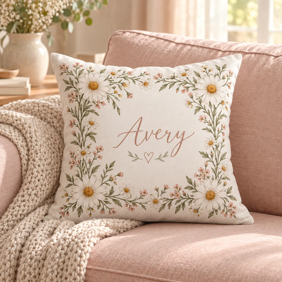 Cottage Daisy Frame Personalized Pillow — lifestyle illustrative mockup