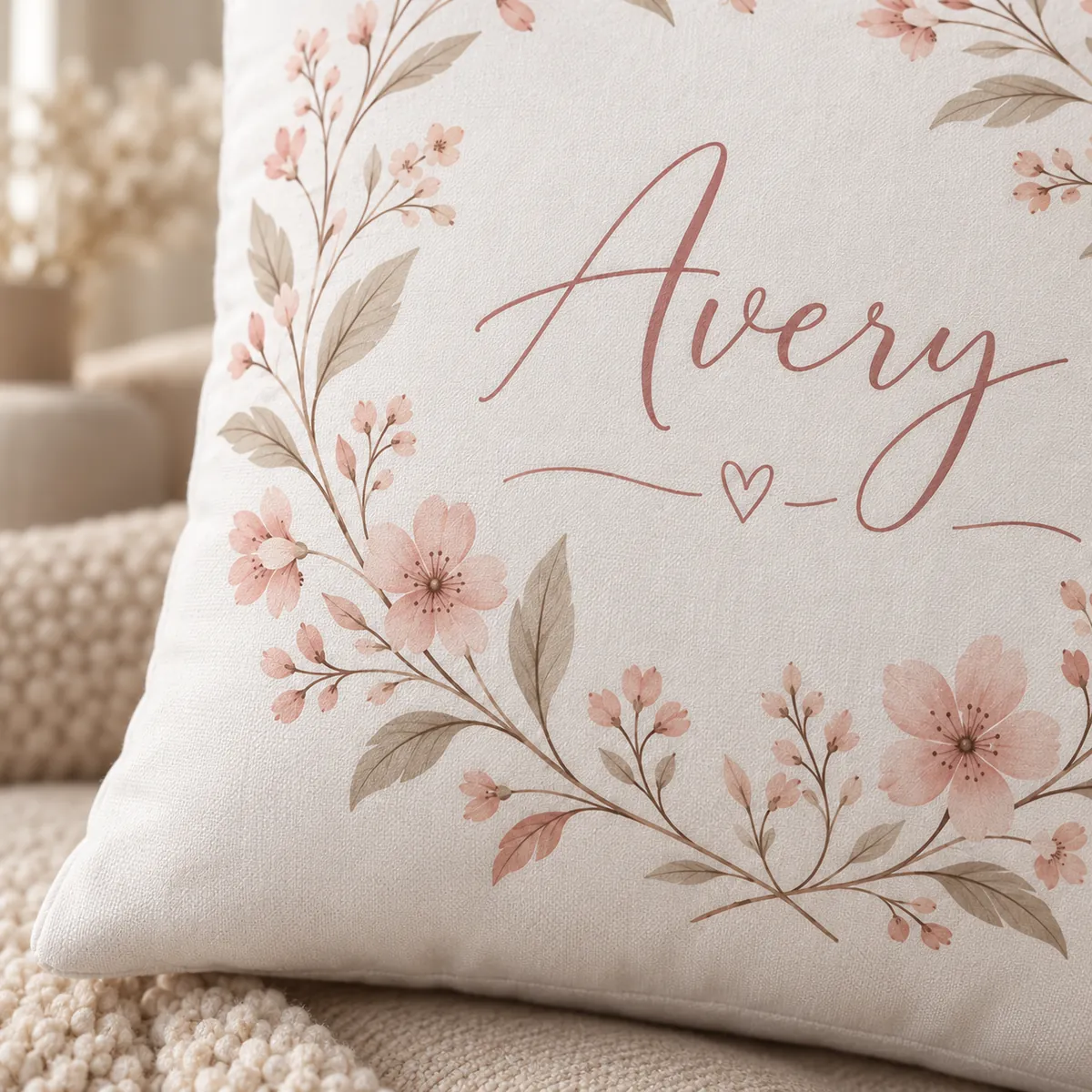 Blush Botanical Name Personalized Pillow — detail illustrative mockup