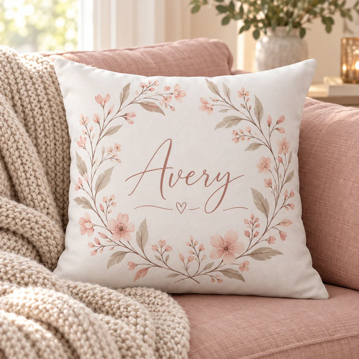Blush Botanical Name Personalized Pillow — lifestyle illustrative mockup