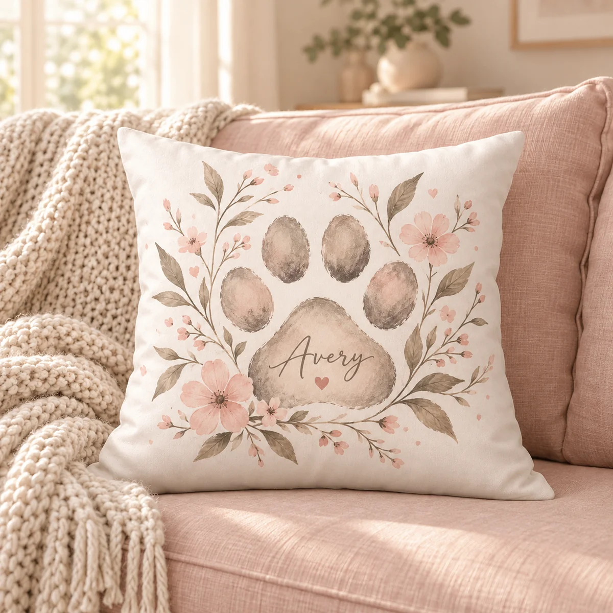 Pet Paw Memory Personalized Pillow — lifestyle illustrative mockup