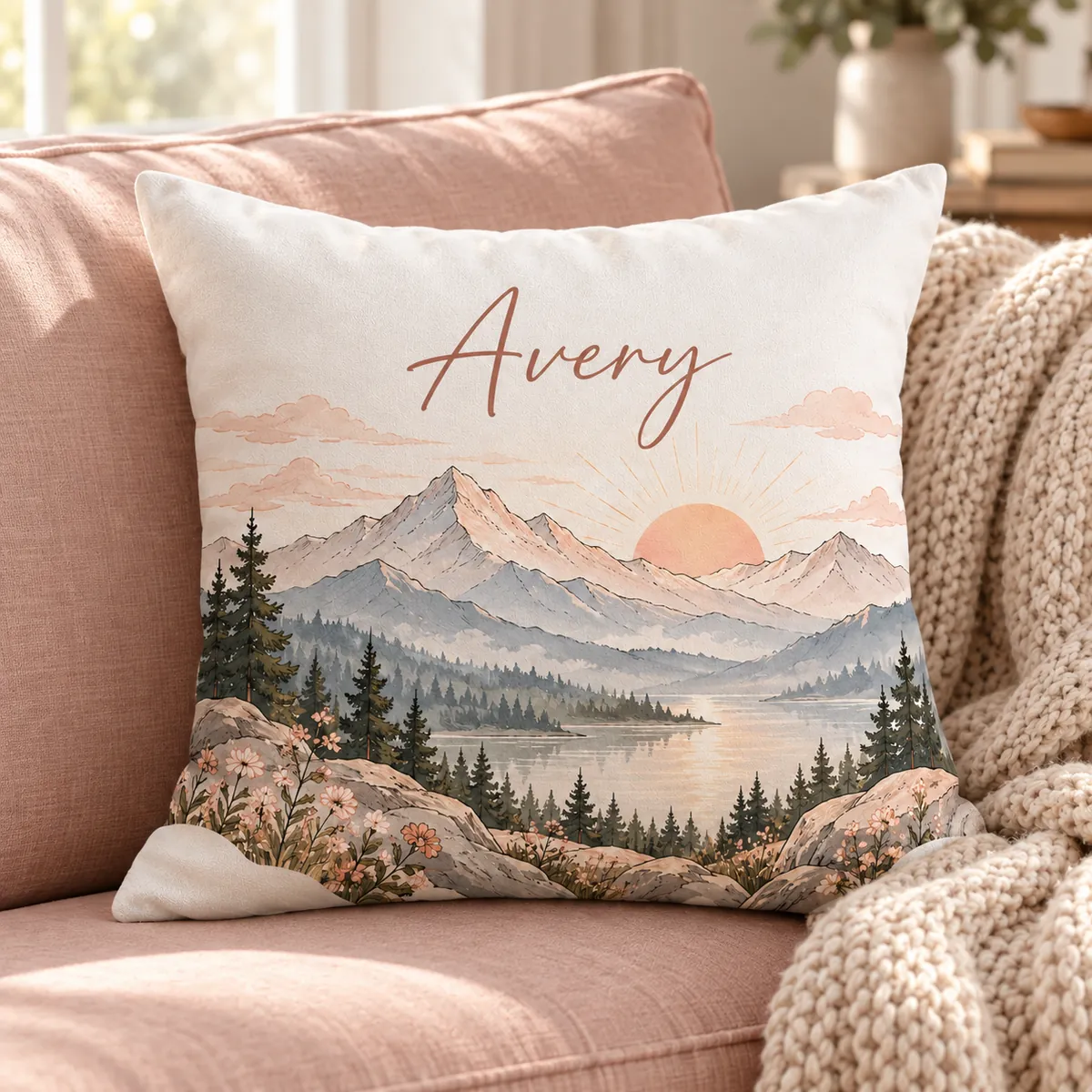 Mountain Morning Name Personalized Pillow — lifestyle illustrative mockup