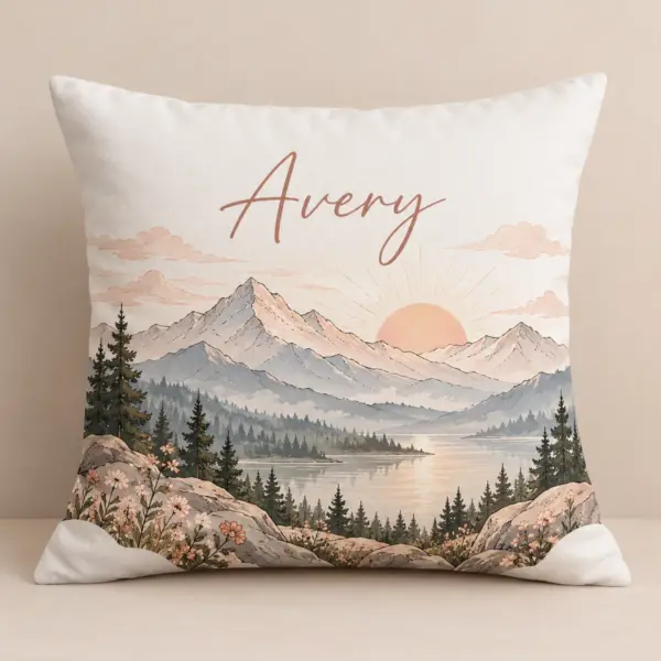 Mountain Morning Name Personalized Pillow — main illustrative mockup