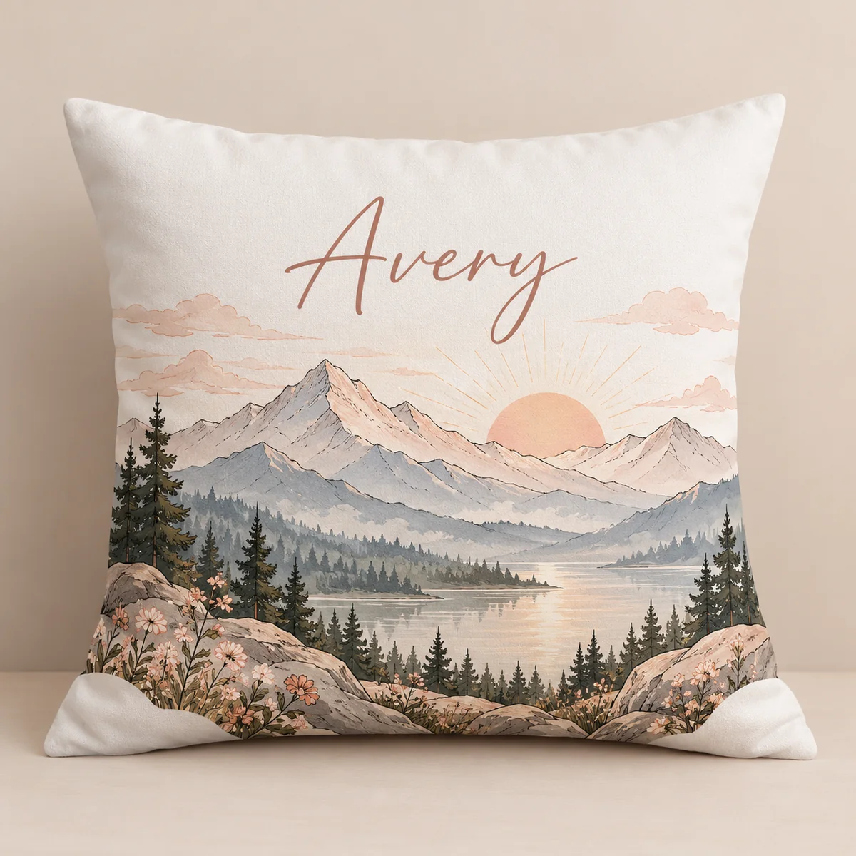 Mountain Morning Name Personalized Pillow — main illustrative mockup
