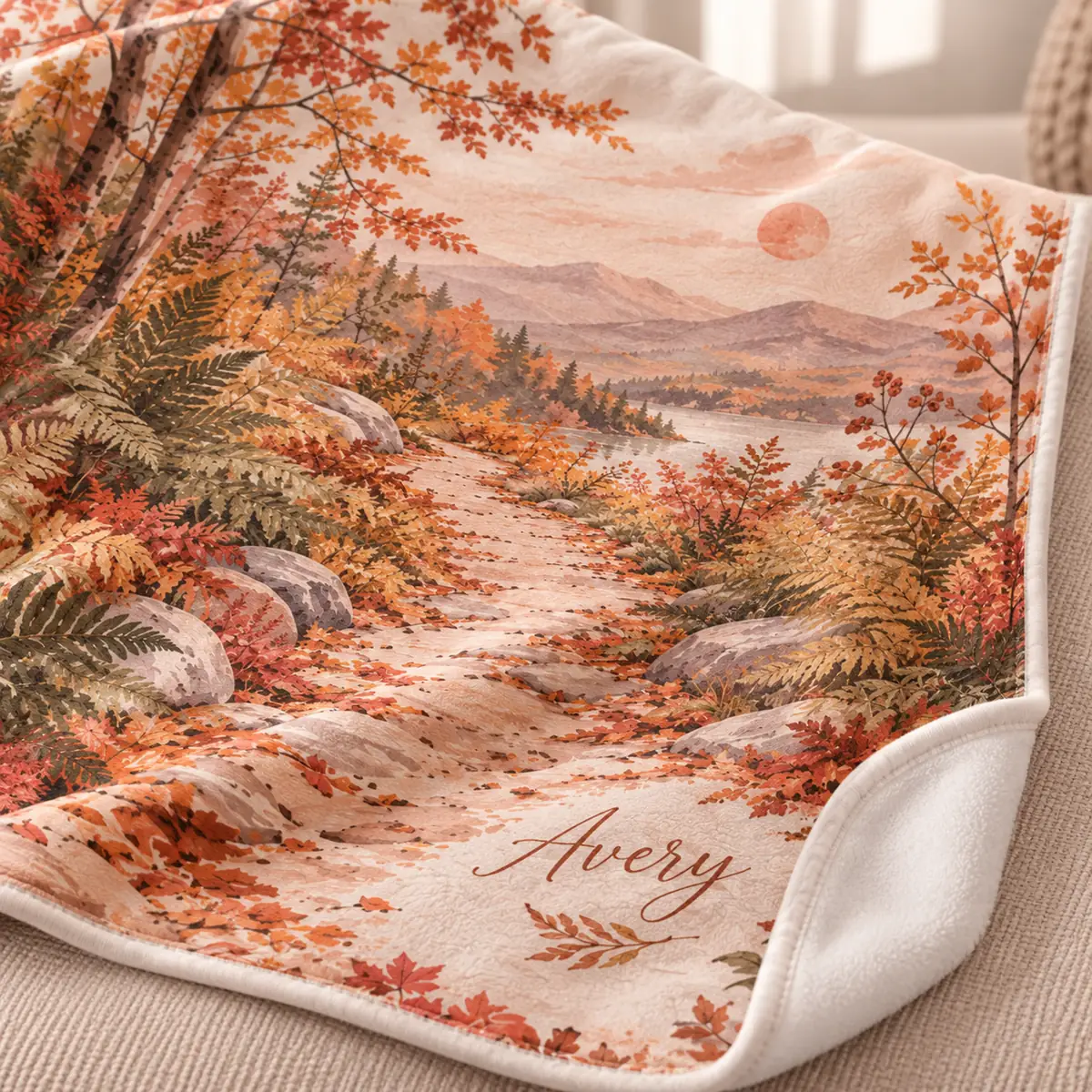 Autumn Fern Path Personalized Throw Blanket — detail illustrative mockup