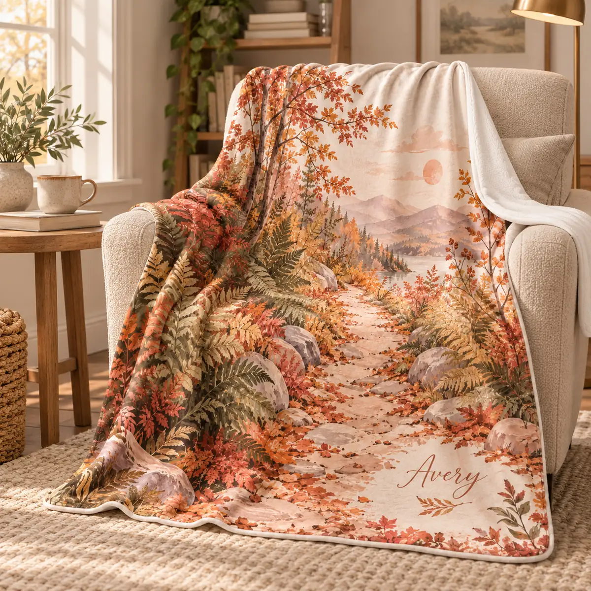 Autumn Fern Path Personalized Throw Blanket — lifestyle illustrative mockup