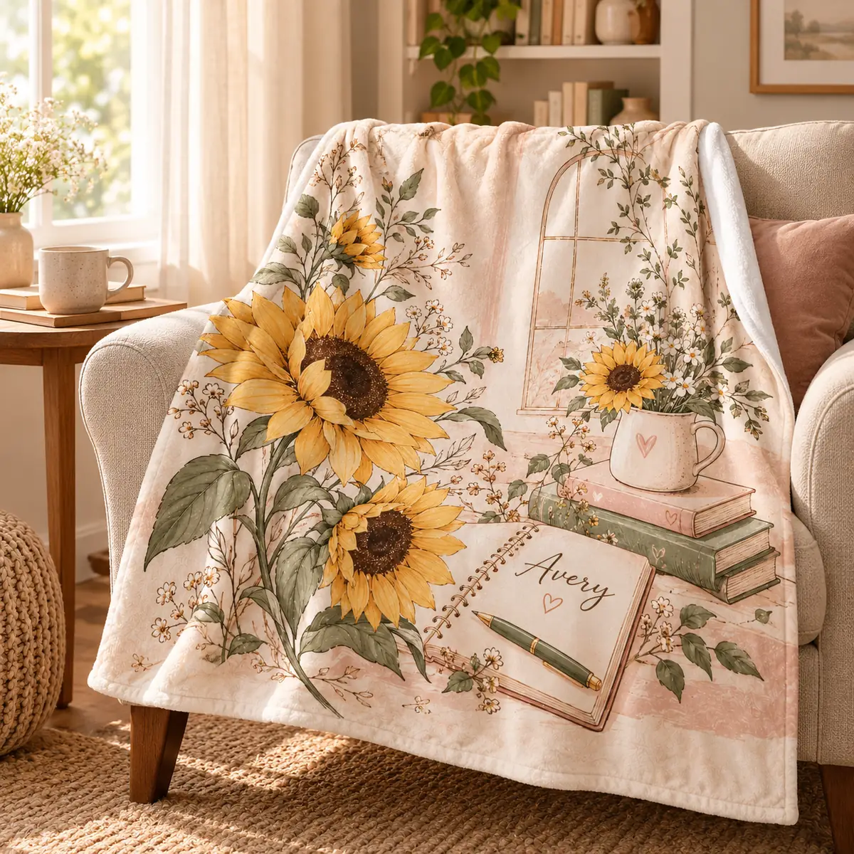 Sunflower Home Notes Personalized Throw Blanket — lifestyle illustrative mockup