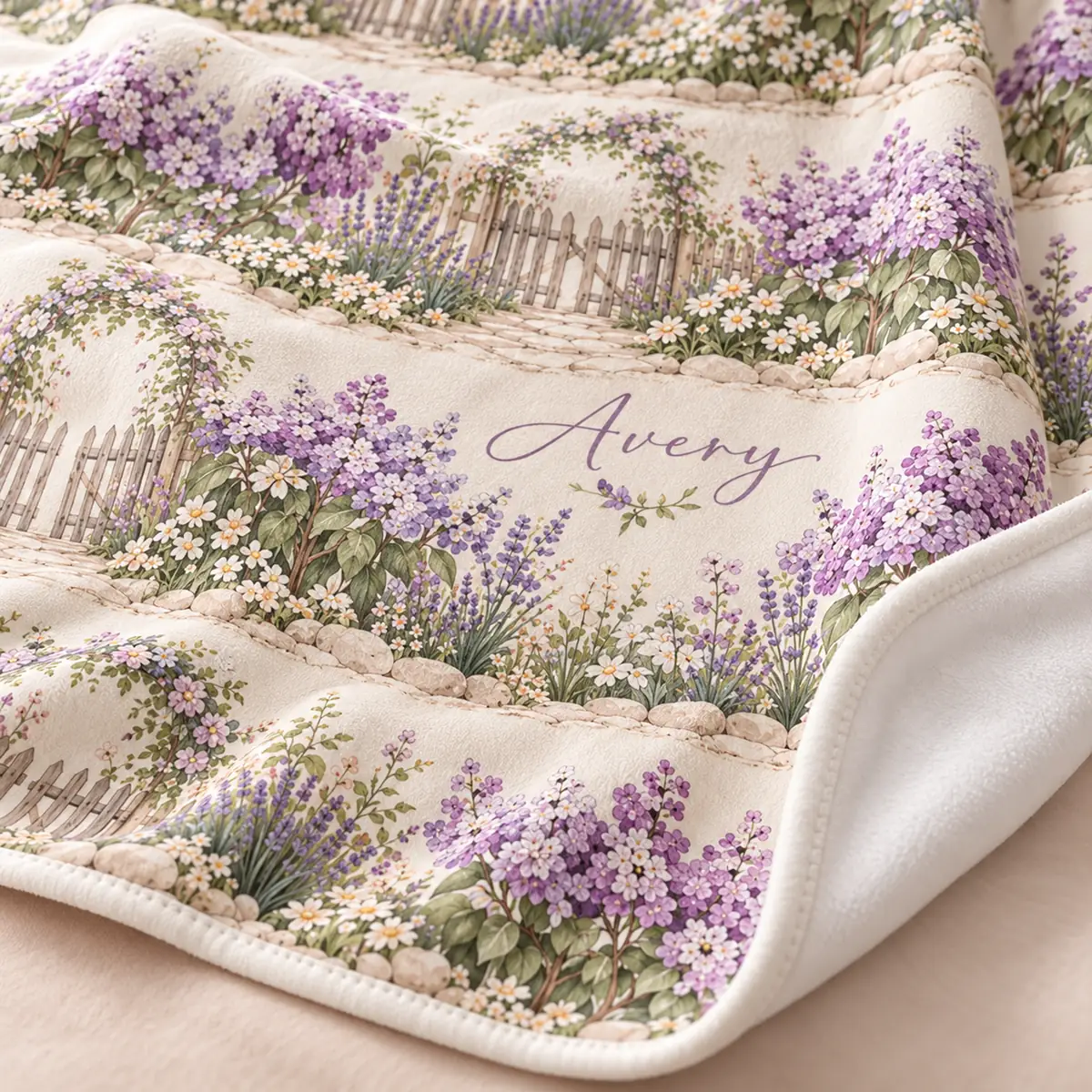 Lilac Garden Rows Personalized Throw Blanket — detail illustrative mockup