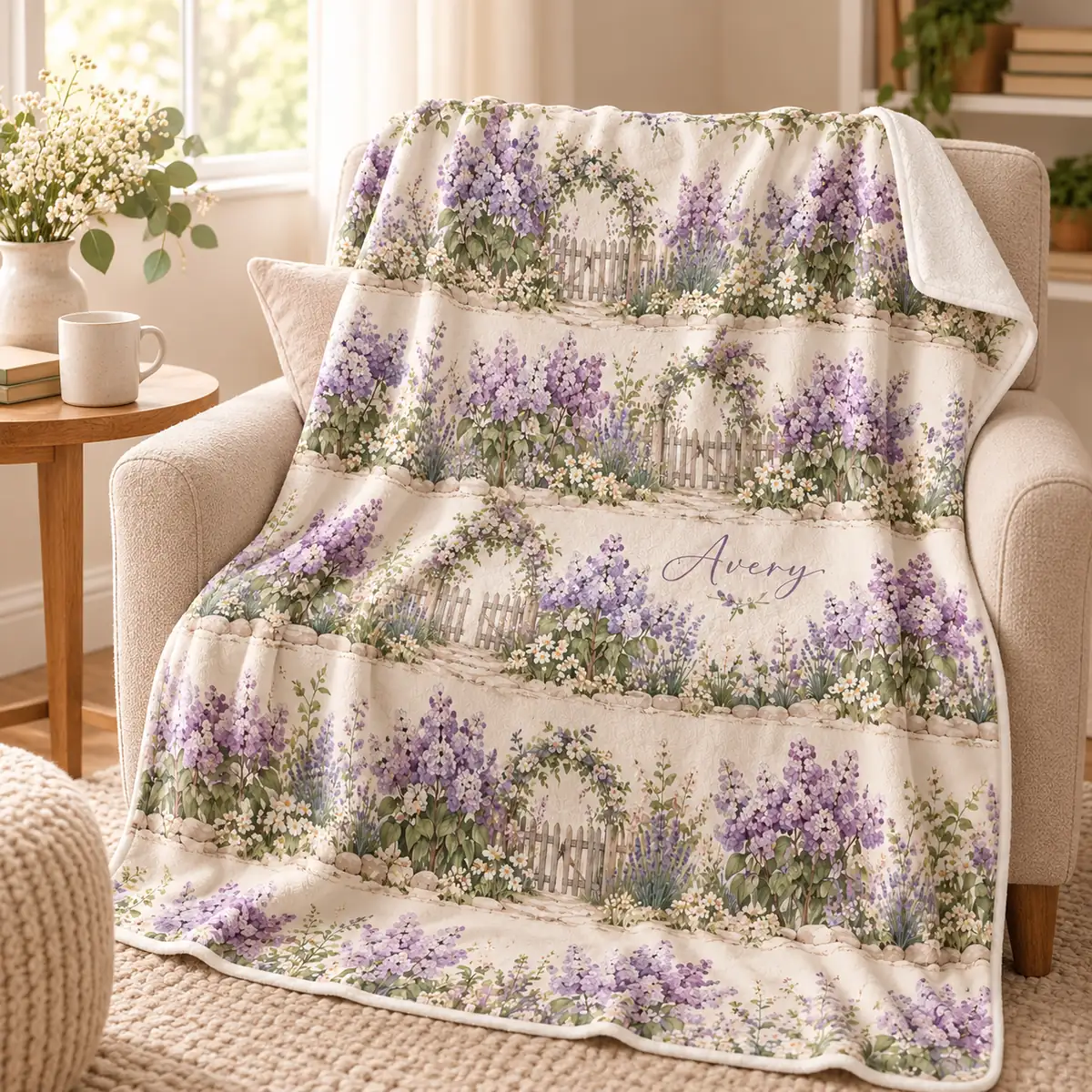 Lilac Garden Rows Personalized Throw Blanket — lifestyle illustrative mockup