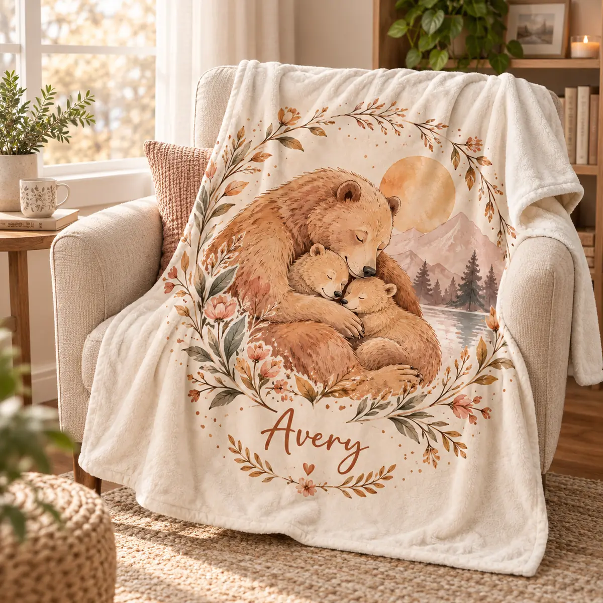 Amber Teddy Name Personalized Throw Blanket — lifestyle illustrative mockup