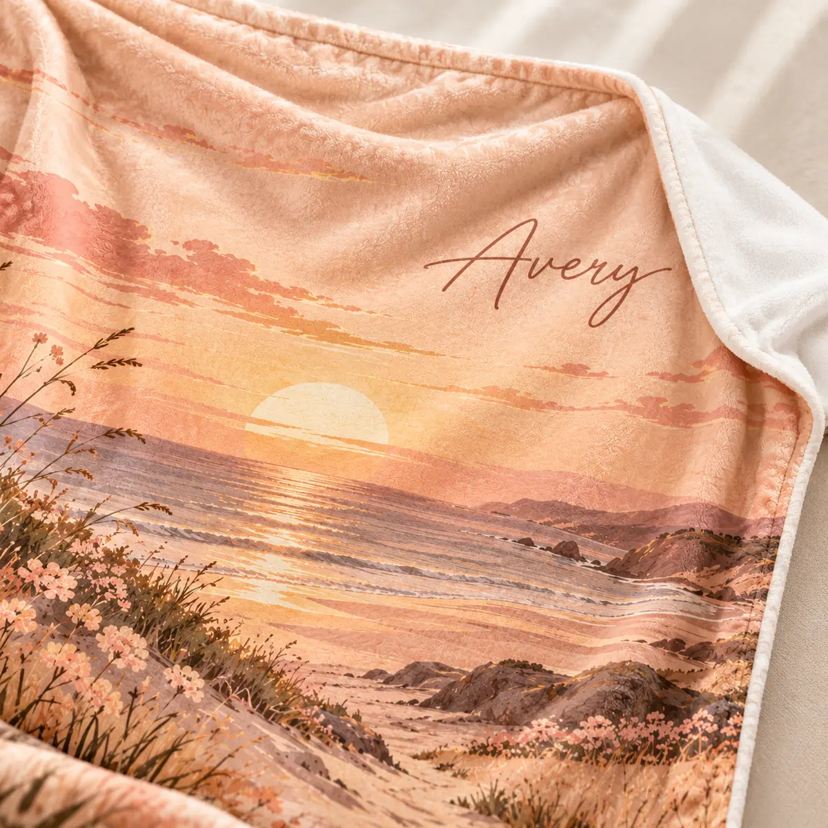 Golden Hour Name Personalized Throw Blanket — detail illustrative mockup