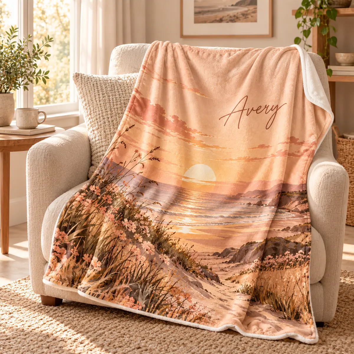 Golden Hour Name Personalized Throw Blanket — lifestyle illustrative mockup